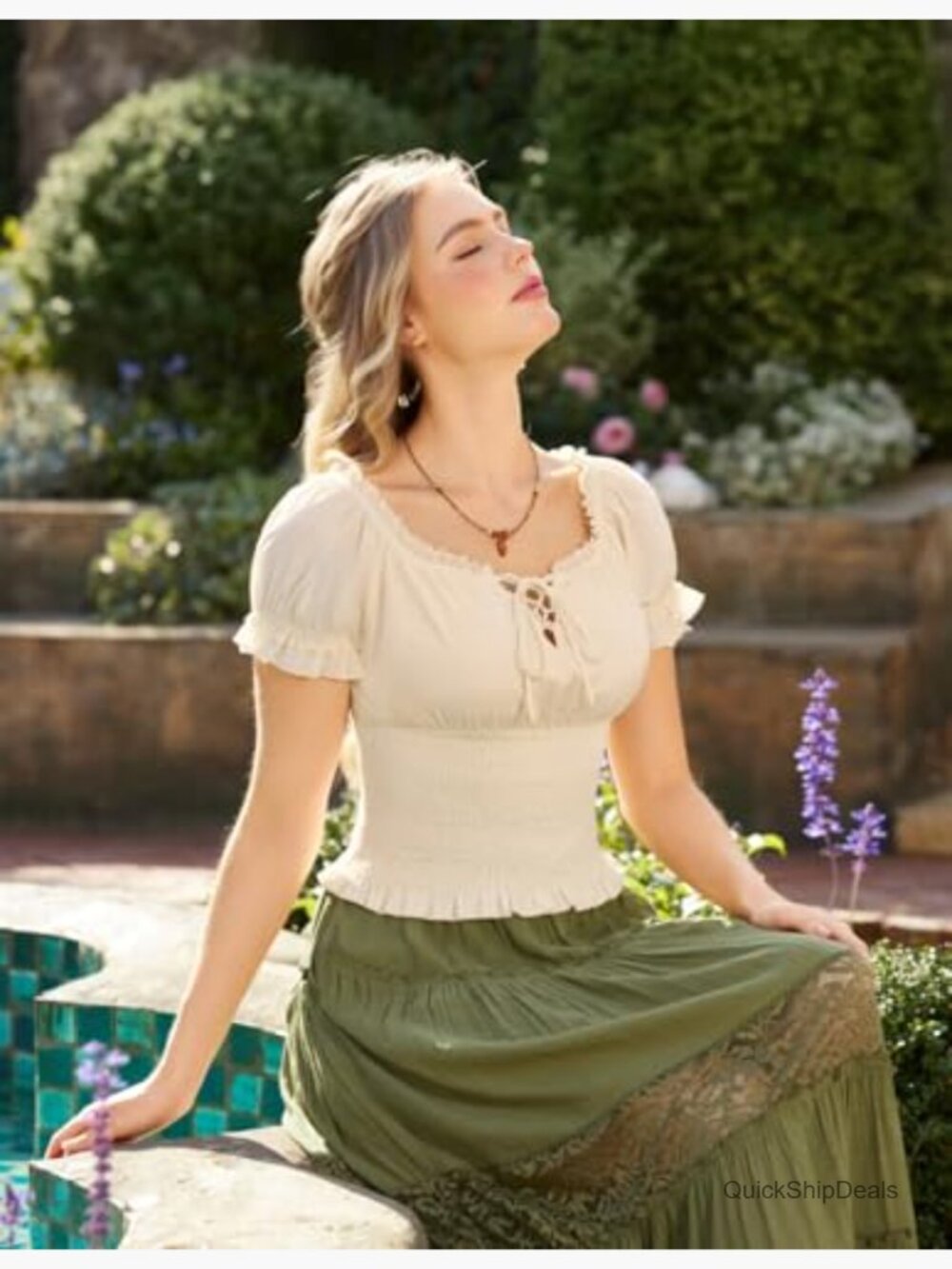 Peasant Blouse Off Shoulder Puff Sleeve Smocked Waist Cotton Blend Summer Top - Picture 3 of 7